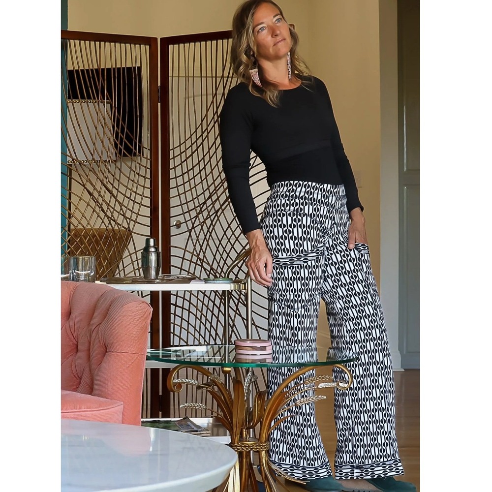 Autumn Teneyl Daphne Pullon Pants Black White Abstract Print Wide‎ Leg Recycled
